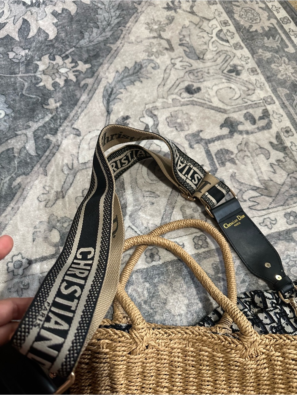 Dior Natural Straw Tote with Black 'ChristianDior' Band and Straps - Picture 6 of 7